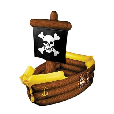 Inflatable Brown and Yellow Pirate Ship with Crossbone Flag Decorative Party Drink Cooler